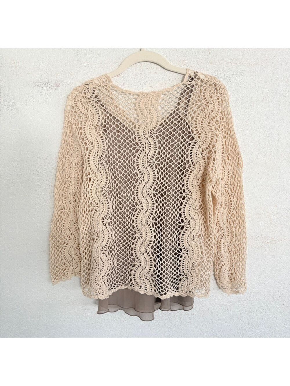Vintage Open Knit Sweater Crochet Lace Fairy Indie Sleazy S Beige Cream - Picture 3 of 7